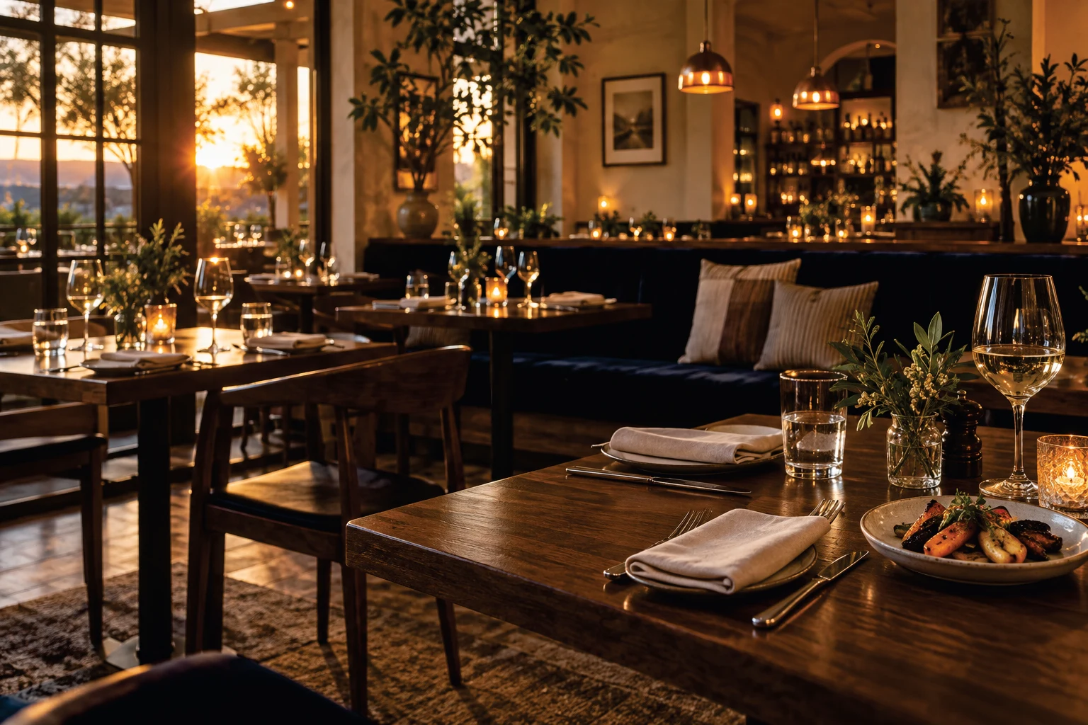 Warm restaurant interior with neatly set wooden tables and evening light